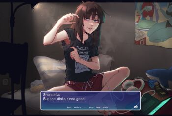 1girl absurdres among_us armpits barefoot black_shirt borrowed_character brown_hair collarbone commission computer cookie crewmate_(among_us) dialogue_box english_text food freckles hand_up headphones highres indoors kara_eklund lamp laptop long_hair neet_girl_date_night original pillow popopoka red_shorts shirt short_sleeves shorts sitting solo_focus stuffed_animal stuffed_shark stuffed_toy sweat teeth