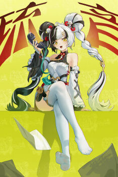 1girl absurdres ahoge arm_support bare_shoulders black_hair blush braid braided_twintails china_dress chinese_clothes collarbone commentary crossed_legs detached_sleeves dialyn_(zenless_zone_zero) dress earrings full_body green_background hair_extensions hair_ornament hairclip hand_up highres holding holding_phone id_card jewelry long_hair looking_at_viewer mo_(this-is-mo) multicolored_hair necktie no_shoes open_mouth panda_hair_ornament paper phone ring_hair_extensions shadow sitting solo sparkle sparkling_eyes split-color_hair white_hair yellow_eyes yellow_necktie zenless_zone_zero