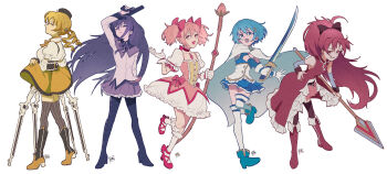 5girls absurdres artist_logo belt black_hat black_thighhighs blonde_hair blue_boots blue_eyes blue_hair blue_skirt blue_theme boots bow bow_(weapon) cape choker commentary_request detached_sleeves dress drill_hair fingerless_gloves fortissimo frilled_socks frills frown full_body gloves grey_thighhighs grin gun hair_ornament hat high-low_dress highres holding holding_bow_(weapon) holding_polearm holding_weapon kaname_madoka kaname_madoka_(magical_girl) knee_boots logo long_hair looking_at_viewer magical_girl mahou_shoujo_madoka_magica mahou_shoujo_madoka_magica_(anime) miki_sayaka miki_sayaka_(magical_girl) miniskirt mochitose_aguri multiple_girls musical_note musical_note_hair_ornament open_mouth pink_bow pink_choker pink_dress pink_hair pink_skirt pink_theme pleated_skirt polearm puffy_short_sleeves puffy_sleeves red_boots red_dress red_eyes red_hair red_shoes red_theme sakura_kyoko sakura_kyoko_(magical_girl) shoes short_hair short_sleeves short_twintails sideways_glance signature simple_background skirt skirt_hold sleeveless sleeveless_dress smile socks soul_gem square_neckline striped_clothes striped_thighhighs thigh_belt thigh_strap thighhighs tomoe_mami tomoe_mami_(magical_girl) twin_drills twintails weapon white_background white_cape white_gloves white_socks white_thighhighs yellow_skirt yellow_theme