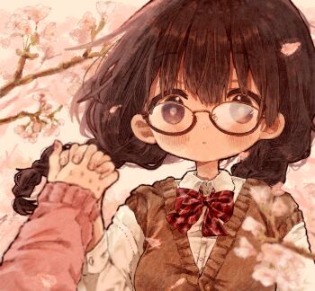 2girls absurdres black_eyes black_hair blush bow bowtie braid braided_twintails branch bright_pupils brown_sweater_vest collared_shirt female_pov glasses hand_up highres holding_hands interlocked_fingers kamizakana_iriko long_hair long_sleeves looking_at_viewer multiple_girls original out_of_frame parted_lips pov red_bow red_bowtie round_eyewear school_uniform shirt solo_focus striped_bow striped_bowtie striped_clothes sweater_vest twin_braids upper_body white_pupils white_shirt wing_collar wispy_bangs yuri