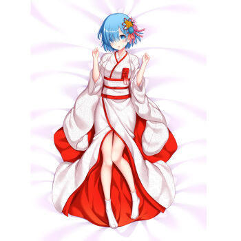 1girl blanket blue_eyes blue_hair blush breasts dakimakura_(medium) erspace hair_ornament hair_over_one_eye japanese_clothes kimono parted_lips re:zero_kara_hajimeru_isekai_seikatsu rem_(re:zero) short_hair socks solo white_kimono white_socks wide_sleeves