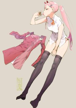 1girl black_thighhighs breasts darling_in_the_franxx full_body hair_ornament horns lollipop_in_mouth long_hair nail_polish pink_hair red_horns skirt solo tanaka_masayoshi thighhighs x_hair_ornament zero_two_(darling_in_the_franxx)