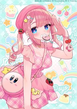 Rule 34 | 1girl, 1up, arm up, bag, blue eyes, blunt bangs, blush, border, bracelet, breasts, cherry, cleavage, commentary, cowboy shot, cupcake, dango, dress, food, fruit, green border, grin, hat, jewelry, kirby, kirby (series), large breasts, long hair, looking at viewer, maxim tomato, nintendo, original, outside border, pink background, pink dress, pink hair, pink hat, pink pupils, pudding, sanshoku dango, sleeveless, sleeveless dress, smile, solo, star (symbol), twintails, wagashi, zest (lossol)