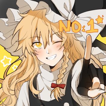 1girl black_gloves black_hat black_vest blonde_hair blush bow braid commentary_request english_text finger_counting fingerless_gloves gloves grin hair_bow hat hat_bow highres hitte5416 index_finger_raised kirisame_marisa long_sleeves looking_at_viewer one_eye_closed red_bow shirt side_braid single_braid smile solo star_(symbol) touhou touhou_19th_popularity_poll vest white_bow white_shirt witch_hat yellow_background yellow_eyes