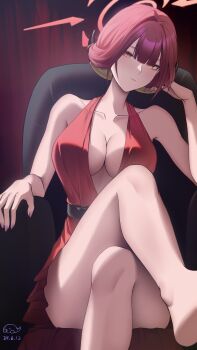 1girl absurdres aifankuendefeng alternate_costume alternate_hair_length alternate_hairstyle aru_(blue_archive) bare_arms bare_shoulders barefoot blue_archive blunt_bangs breasts chair cleavage closed_mouth crossed_legs demon_girl demon_horns dress hair_between_eyes highres horns large_breasts looking_at_viewer on_chair red_dress red_hair short_hair sidelocks sitting sleeveless sleeveless_dress solo yellow_eyes