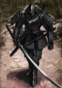 armor full_body gauntlets greaves highres holding holding_sword holding_weapon huge_weapon japanese_armor katana ootachi original outdoors pauldrons sabaton samurai shoulder_armor solo sword tyokugekidato wakizashi weapon