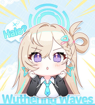 Rule 34 | 1girl, alternate costume, apple caramel, black jacket, blonde hair, blue necktie, breasts, commentary, english commentary, english text, halo, halo behind head, jacket, large breasts, long hair, lynae (wuthering waves), multicolored hair, necktie, open mouth, purple eyes, shirt, solo, streaked hair, white shirt, wuthering waves