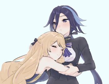 2girls bare_shoulders black_jacket blonde_hair blue_background blue_dress blue_streaks clorinde_(genshin_impact) closed_eyes closed_mouth clrveimk commentary dress genshin_impact highres hug jacket long_hair multiple_girls navia_(genshin_impact) purple_eyes purple_hair simple_background smile symbol-only_commentary yuri