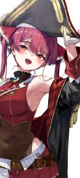 Rule 34 | 1girl, :d, akasaai, armpits, ascot, belt, bicorne, black coat, black hat, breasts, brooch, brown belt, coat, commentary request, cropped jacket, gloves, gold trim, hair ribbon, hat, heterochromia, highres, hololive, houshou marine, houshou marine (1st costume), jacket, jewelry, large breasts, leotard, leotard under clothes, long hair, looking at viewer, miniskirt, off shoulder, official artist extra, open mouth, pirate hat, pleated skirt, red ascot, red eyes, red hair, red jacket, red ribbon, red skirt, ribbon, see-through clothes, see-through leotard, simple background, skirt, sleeveless, sleeveless jacket, smile, solo, teeth, twintails, upper teeth only, virtual youtuber, white background, white gloves, yellow eyes