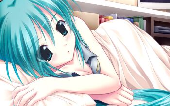 1girl amino amino_kohaku bed blush breasts cleavage covers female_focus green_eyes green_hair hatsune_miku long_hair matching_hair/eyes pillow solo under_covers very_long_hair vocaloid