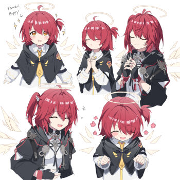 1girl absurdres aged_down arknights begging black_gloves breasts brown_eyes cloak exusiai_(arknights) fingerless_gloves gloves halo highres kataokasan long_hair multiple_views necktie open_mouth red_hair shirt side_ponytail small_breasts solo teeth upper_teeth_only white_shirt yellow_necktie