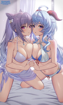 2girls ahoge alternate_costume bikini blue_bikini blue_hair blush breast_press breasts collarbone double_bun front-tie_bikini_top front-tie_top ganyu_(genshin_impact) genshin_impact goat_horns hair_bun hair_ornament halterneck highres horns indoors interlocked_fingers jewelry keqing_(genshin_impact) kneeling large_breasts long_hair looking_at_viewer multiple_girls navel necklace paid_reward_available parted_lips ponnyu12 purple_eyes purple_hair stomach swimsuit symmetrical_docking thighs white_bikini