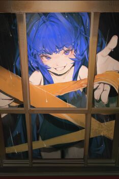1girl absurdres black_background black_one-piece_swimsuit blue_eyes blue_hair cowboy_shot duct_tape evil_grin evil_smile furudo_erika grin head_tilt highres looking_at_viewer one-piece_swimsuit petite rain smile solo swimsuit tape through_window twintails umineko_no_naku_koro_ni wavy_hair xiaozi23330