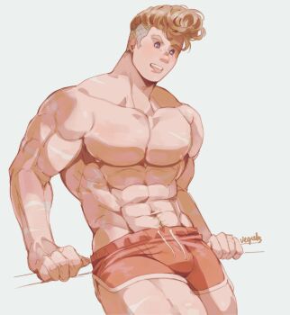 Rule 34 | 1boy, abs, addy (@vegeebs), blonde hair, blue eyes, boku no hero academia, collarbone, commentary, dolphin shorts, english commentary, highres, looking at viewer, male focus, muscular, muscular male, navel, nipples, pectorals, pink shorts, pompadour, short hair, short shorts, shorts, solo, togata mirio, tongue, tongue out, topless male, undercut