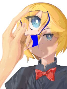 1girl 1other black_capelet blonde_hair blue_eyes bow bowtie bright_pupils capelet closed_mouth commentary_request cookie_(touhou) cracked_skin expressionless fingernails highres kirisame_marisa looking_at_viewer meguru_(cookie) pov pov_hands red_bow red_bowtie shards short_hair simple_background solo_focus touhou upper_body white_background white_pupils whiterolo