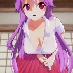 1girl 3d animal_ears animated bouncing_breasts breasts cleavage downblouse hanging_breasts large_breasts leaning_forward light_purple_hair looking_at_viewer mofumoko5 no_bra purple_eyes rabbit_ears reisen_udongein_inaba smile solo thighs touhou video