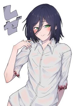 1girl absurdres black_hair blood blood_on_clothes chainsaw_man collared_shirt commentary green_eyes hair_between_eyes hair_down highres nisikan0724 reze_(chainsaw_man) shirt simple_background smile solo torn_clothes torn_sleeves white_background white_shirt