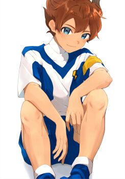 1boy absurdres blue_eyes blue_shorts blush brown_hair closed_mouth commentary commentary_request dame! double-parted_bangs elbow_on_knee hair_between_eyes hair_horns highres inazuma_eleven_(series) inazuma_eleven_go invisible_chair layered_clothes lightning_bolt_symbol male_focus matsukaze_tenma multicolored_shirt shirt short_hair short_sleeves shorts sitting smile soccer_uniform solo sportswear v-neck white_shirt