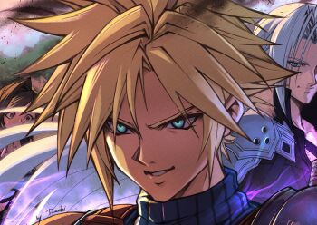1girl 2boys armor artist_name black_coat blonde_hair blue_eyes blue_shirt brown_hair chest_strap cloud_strife coat evil_smile final_fantasy final_fantasy_vii fingerless_gloves furrowed_brow gloves glowing glowing_eyes grey_hair hair_between_eyes highres long_hair male_focus mochi_mangaka multiple_boys outstretched_hand parted_lips pauldrons possessed red_eyes sephiroth sharp_teeth shirt shoulder_armor single_bare_shoulder single_pauldron sleeveless sleeveless_turtleneck slit_pupils smile solo_focus suspenders sweatdrop teeth tifa_lockhart turtleneck upper_body wide-eyed