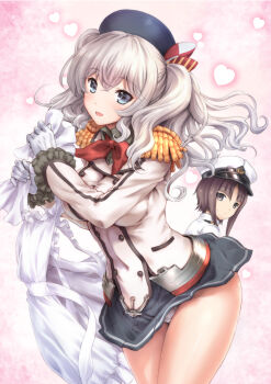 1boy 1girl apron beret blue_eyes breasts detached_sleeves epaulettes gloves gradient_background grey_hair hat heart highres holding kantai_collection kashima_(kancolle) long_hair long_sleeves looking_at_viewer looking_back medium_breasts military military_uniform miniskirt open_mouth panties peaked_cap pink_background shiny_skin short_hair simple_background skirt thighs twintails uguisu_kagura underwear white_gloves white_panties