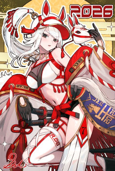 1girl 2026 animal_ear_headwear armor bare_shoulders black_gloves black_shoes black_shorts blush breasts brown_eyes chinese_zodiac cleavage clothes_writing coat collarbone commentary_request crop_top detached_hair dolce_(dolsuke) egasumi fake_animal_ears faulds gloves hat high_heels highres holding holding_mask horse_mask horse_tail horseshoe jewelry large_breasts leg_up long_sleeves looking_at_viewer mask navel necklace new_year open_clothes open_coat open_mouth original red_ribbon ribbon sheath sheathed shoes short_shorts shorts signature solo sparkle standing standing_on_one_leg swept_bangs sword tail tassel thigh_strap thighhighs unworn_mask unzipped v-shaped_eyebrows waist_cape weapon white_coat white_hair white_hat white_thighhighs wide_sleeves year_of_the_horse