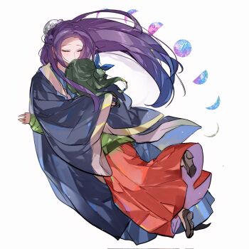 Rule 34 | 1boy, 1girl, beads, blue ribbon, blue robe, brown shoes, bun cover, chinese clothes, closed eyes, couple, flats, full body, green hair, green shirt, hair beads, hair bun, hair ornament, hair ribbon, half updo, hetero, highres, hug, jinshi (kusuriya no hitorigoto), kamikiasu, kusuriya no hitorigoto, long skirt, maomao (kusuriya no hitorigoto), moon phases, parted bangs, purple hair, red skirt, ribbon, robe, shirt, shoes, skirt, white background, wide sleeves
