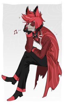 1boy alastor_(hazbin_hotel) colored_sclera commentary crossed_legs english_commentary formal_clothes hand_rest hazbin_hotel hellaverse highres looking_at_viewer male_focus red_eyes red_hair red_sclera shanmao13579 short_hair simple_background sitting smile solo suit