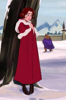 2boys absurdres back beast_(disney) beauty_and_the_beast_(disney) belle_(disney) black_footwear blush boots bow brown_fur brown_hair cape capelet cloak disney fur-trimmed_capelet fur-trimmed_cloak fur_trim genderswap genderswap_(ftm) hair_bow half-closed_eyes hiding highres hood hood_down hooded_cloak looking_at_another low_ponytail multiple_boys outdoors pink_bow ponytail purple_cape red_cloak ripushko smile smirk smug snow standing sultry_eyes trap tree