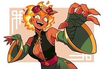 1girl :d armpits bandaged_arm bandages bare_shoulders bean52623818 belt blonde_hair body_freckles border borrowed_character breasts brown_background chinese_clothes claw_pose cleavage_cutout clothing_cutout commentary dark-skinned_female dark_skin detached_sleeves dress freckles glowing glowing_eyes glowing_hair goggles goggles_on_head gold_trim green_dress green_hat green_sleeves halloween halloween_costume hands_up hat highres jiangshi jiangshi_costume large_breasts leaf_print looking_at_viewer mandarin_collar ofuda ofuda_on_head open_mouth orange_nails outside_border outstretched_arms pankou plants_vs._zombies plants_vs._zombies_heroes qingdai_guanmao raised_eyebrows red-framed_eyewear red_belt red_sash sash short_hair sleeveless sleeveless_dress smile solar_flare_(plants_vs._zombies) solar_flare_(plants_vs._zombies)_(peargor) solo spiked_hair standing tomboy upper_body white_border wide-eyed wide_sleeves yellow_eyes zombie_pose