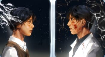 2boys :| black_eyes black_hair black_shirt blood blood_on_face brown_vest closed_mouth coat collared_shirt dual_persona from_side injury kim_dokja looking_at_another macaronijail male_focus multiple_boys oldest_dream omniscient_reader's_viewpoint open_mouth shirt short_hair sky smoke split_screen star_(sky) starry_sky upper_body vest white_coat white_shirt