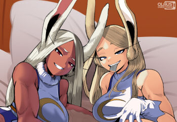 2girls alternate_eye_color alternate_hair_color alternate_skin_color animal_ears artist_logo artist_name bare_shoulders blonde_hair blue_eyes boku_no_hero_academia breasts clauschristmas commentary condom condom_in_mouth crescent_print dark-skinned_female dark_skin english_commentary fur_collar gloves grin half-closed_eyes highres large_breasts leotard logo long_eyelashes long_hair looking_at_viewer mirko mouth_hold multiple_girls on_bed parted_bangs rabbit_ears rabbit_girl red_eyes smile taut_leotard toned toned_female upper_body very_long_hair white_gloves white_hair white_leotard