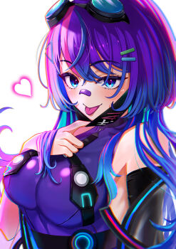 1girl absurdres bandaid bandaid_on_face bandaid_on_nose black_mask black_sleeves blue_eyes blue_hair breasts colored_inner_hair detached_sleeves goggles goggles_on_head hair_ornament hairpin heart highres long_hair mask melody_(projektmelody) mishima_nina mouth_mask multicolored_hair pink_hair purple_hair single_detached_sleeve solo streaked_hair tongue tongue_out upper_body virtual_youtuber vshojo white_background