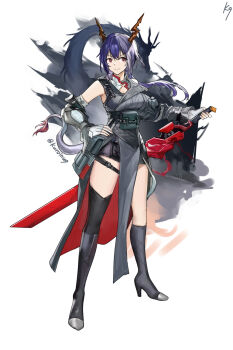 Rule 34 | 1girl, arknights, artist name, black boots, black shirt, black shorts, blue hair, boots, ch'en (arknights), ch'en the dawnstreak (arknights), chi xiao (arknights), commentary request, dragon girl, dragon horns, dragon tail, elbow gloves, fingerless gloves, full body, gloves, hair between eyes, high heel boots, high heels, highres, holding, holding sword, holding weapon, horns, knee boots, kuroinu9, long hair, looking at viewer, official alternate costume, red eyes, shirt, short shorts, shorts, simple background, sleeveless, sleeveless shirt, smile, solo, sword, tail, twitter username, weapon, white background, white gloves