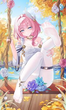 1girl absurdres bare_shoulders blue_eyes blue_sky breasts commentary_request cyrene_(aedes_elysiae)_(honkai:_star_rail) cyrene_(honkai:_star_rail) dress feet flower_censor hair_ornament highres honkai:_star_rail honkai_(series) jndfh lake leg_up looking_at_viewer medium_hair multicolored_hair on_swing outdoors pantyhose pink_hair revision sky small_breasts smile soles solo swing swing_set thigh_strap thighs toes two-tone_hair variant_set water white_dress white_hair white_pantyhose wooden_floor