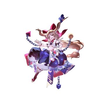 1girl adapted_costume baggy_pants ball_and_chain_restraint bow brown_horns chain cube cuffs fang full_body game_cg gourd hair_bow highres horn_ornament horn_ribbon horns ibuki_suika long_hair looking_at_viewer midriff navel non-web_source official_art oni open_mouth orange_hair orb pants pyramid_(geometry) red_bow ribbon second-party_source skin_fang smile solo stomach_tattoo tattoo toes torn_clothes torn_sleeves touhou touhou_gensou_eclipse transparent_background u_u_zan very_long_hair wrist_cuffs