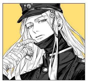 1boy bandaged_hand bandages black_mask chain closed_mouth danganronpa_(series) danganronpa_v3:_killing_harmony expressionless eyelashes gakuran haidai_qingtang_(biology447) hat holding long_hair long_sleeves looking_at_viewer male_focus mask mask_pull mouth_mask parted_bangs school_uniform shinguji_korekiyo sidelocks solo spot_color yellow_background