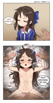 1boy 1girl 2koma absurdres age_difference annoyed bed_sheet blue_bow blue_dress blush border bow brown_eyes brown_hair closed_eyes closed_mouth collarbone comic deep_penetration dress drooling english_text flat_chest gnsisir gradient_background hair_bow hair_spread_out half-closed_eyes heart heart-shaped_pupils hetero highres holding_hands idolmaster idolmaster_cinderella_girls idolmaster_cinderella_girls_u149 instant_loss loli long_hair looking_at_viewer lying missionary navel nipples nude older_male_and_younger_female on_back open_mouth pov pov_crotch pussy_juice rape restrained sex size_difference speech_bubble spread_legs stomach_bulge sweat symbol-shaped_pupils tachibana_arisu text_focus vaginal white_border