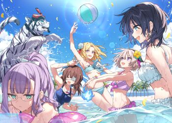 >_< 5girls :d ahoge alternate_costume animal aoi_erika arm_up ball beach beachball bikini black_hair blonde_hair blue_bikini blue_fire blue_sky blunt_bangs blush breasts breasts_apart brown_hair byakko_(heaven_burns_red) closed_mouth commentary_request commission cowboy_shot day drill_hair earrings eyepatch fire floating_hair flower frilled_bikini frills frown glasses glint green_eyes grey_hair hair_flower hair_ornament hanagata happy heaven_burns_red highres higuchi_seika hiiragi_kozue jewelry jitome large_breasts long_sleeves looking_up medical_eyepatch medium_breasts medium_hair minase_ichigo minase_sumomo multiple_girls ocean official_art one-piece_swimsuit one_eye_covered open_mouth outdoors outstretched_arms palm_tree ponytail profile promotional_art purple_bikini purple_eyes purple_hair rose short_hair siblings sidelocks sisters sky small_breasts smile sunlight swim_ring swimsuit team_31b_(heaven_burns_red) tiger tree twin_drills underboob wading water water_drop wet white_bikini white_flower white_rose white_tiger