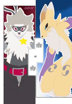 absurdres belt black_sclera cheeso_art colored_sclera digimon digimon_(creature) fangs furry furry_female highres looking_at_viewer mask renamon star_(symbol) wolvermon