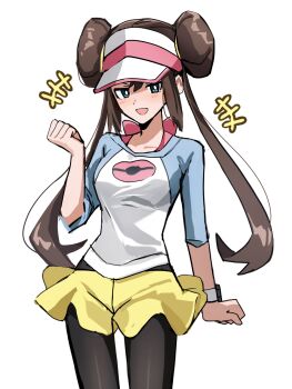 1girl absurdres black_pantyhose blue_eyes blush breasts brown_hair collarbone commentary_request donut_hair_bun double_bun hair_bun hat highres kairi0w0 long_hair looking_at_viewer nintendo open_mouth pantyhose pantyhose_under_shorts poke_ball_print pokemon pokemon_bw2 raglan_sleeves rosa_(pokemon) shirt shorts simple_background small_breasts smile solo twintails visor_cap yellow_shorts