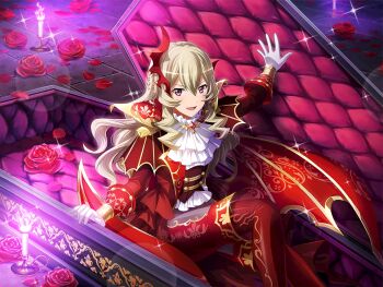 1girl ascot asymmetrical_horns blush brown_corset candle coffin corset cosplay fake_horns fake_wings fangs flower game_cg gloves grey_hair hair_between_eyes horn_ornament horns in_coffin jacket long_hair long_sleeves looking_at_viewer official_art open_mouth outstretched_arms pants puffy_long_sleeves puffy_sleeves purple_eyes red_flower red_horns red_jacket red_pants red_rose rose saijou_claudine shoujo_kageki_revue_starlight shoujo_kageki_revue_starlight_-re_live- sidelocks solo uneven_horns upper_body v-shaped_eyebrows vampire_costume wavy_hair white_ascot white_gloves wings