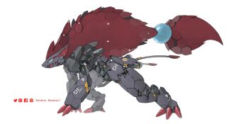 animal_focus artist_name blue_eyes closed_mouth commentary english_commentary facebook_logo facebook_username full_body gen_5_pokemon hair_ornament highres instagram_logo instagram_username mecha mechanization nintendo no_humans open_mouth pixiv_logo pixiv_username pokemon pokemon_(creature) robot simple_background solo sphere_hair_ornament twitter_logo twitter_username white_background xezeno zoroark