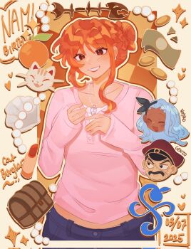 1boy 2girls banknote beads birthday black_hairband blue_hair blue_pants blush bow_hairband brown_eyes brown_hat cat character_name chiatton coin commentary cowboy_shot cropped_head dark-skinned_female dark_skin dated denim english_commentary facial_hair food fruit genzo_(one_piece) gold_coin hair_bun hairband hat heart highres jeans jewelry long_hair looking_at_viewer mandarin_orange money multiple_girls mustache nami_(one_piece) necklace nojiko_(one_piece) one_piece open_mouth orange_hair pants parted_lips pink_shirt scar scar_on_face shirt siblings single_sidelock sisters sleeves_past_wrists smile treasure_chest wavy_hair