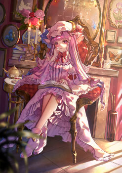 1girl absurdres arua bikini blue_bow blurry blurry_foreground book book_stack bow bow_legwear bowtie breasts bug butterfly candelabra candle candlestand chair chandelier commentary_request crescent crescent_hat_ornament crossed_ankles cup dress dutch_angle eyelashes flower framed_insect frilled_dress frilled_sleeves frills full_body hair_bow hand_up hat hat_ornament highres indoors insect legs_together long_hair long_sleeves looking_at_viewer mirror mob_cap open_book parted_lips patchouli_knowledge picture_frame pink_flower pink_robe pink_rose plant potted_plant purple_bikini purple_bow purple_dress purple_eyes purple_flower purple_hair purple_shoes red_bow red_bowtie red_flower red_rose reflection robe rose saucer shoes sitting small_breasts solo striped_clothes striped_dress swimsuit table teacup teapot touhou vase vertical-striped_clothes vertical-striped_dress white_flower white_rose wide_sleeves