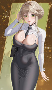 1girl absurdres ade_(nikke) alternate_costume bag between_breasts black_choker black_necktie blonde_hair blush braid breasts bun_with_braided_base choker cleavage closed_mouth collared_shrug commentary covered_navel cowboy_shot dongtan_dress dress goddess_of_victory:_nikke green_eyes grey_dress hair_between_eyes hair_bun hand_up highres large_breasts looking_at_viewer necktie necktie_between_breasts pencil_dress shoulder_bag shrug_(clothing) sidelocks signature smile solo standing swept_bangs taut_clothes taut_dress theblu3jay tight_clothes tight_dress white_shrug wrist_cuffs zoom_layer
