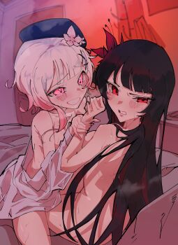 2girls absurdres black_hair blue_hat blush commentary completely_nude dogsamesalt flower gradient_hair hair_flower hair_ornament hat heart heart-shaped_pupils highres holding_another's_wrist indoors long_hair mahou_shoujo_no_majo_saiban multicolored_hair multiple_girls nikaido_hiro nude on_bed open_mouth pink_eyes pink_flower pink_hair red_eyes red_flower sakuraba_ema shirt sitting sitting_on_lap sitting_on_person sweat symbol-shaped_pupils white_hair white_shirt yuri