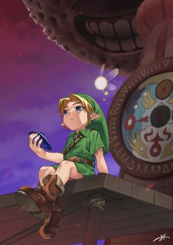 1boy 1girl 1other absurdres blonde_hair blue_eyes clock clock_tower green_skirt green_tunic highres holding_ocarina link moon_(zelda) night night_sky nintendo phrygian_cap skirt sky tatl the_legend_of_zelda the_legend_of_zelda:_majora&#039;s_mask tower tunic young_link zumi_mimimi