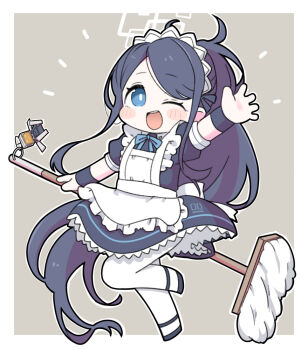 1girl ;d apron aris_(blue_archive) aris_(maid)_(blue_archive) arm_up black_dress black_hair black_shoes blue_archive blue_bow blue_eyes blush_stickers border bow chibi collared_dress dress frilled_apron frills full_body grey_background halo holding kei_(robot)_(blue_archive) long_hair maid maid_apron maid_headdress miranofuudoria one_eye_closed open_mouth pantyhose ponytail puffy_short_sleeves puffy_sleeves shoes short_sleeves smile solo very_long_hair white_apron white_border white_pantyhose