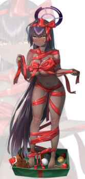 1girl absurdres black_hair blue_archive blue_nails blush breasts christmas_ornaments closed_mouth dark-skinned_female dark_skin full_body hat highres karin_(blue_archive) large_breasts long_hair looking_at_viewer naked_ribbon navel red_ribbon ribbon santa_hat solo standing stuffed_animal stuffed_toy teddy_bear very_long_hair walking_nakta yellow_eyes