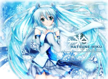 1girl aqua_eyes blue_hair blue_necktie detached_sleeves hatsune_miku highres long_hair necktie roozaku scarf shirt skirt sleeveless sleeveless_shirt snowflake_print snowflakes solo twintails vocaloid white_shirt white_sleeves yuki_miku